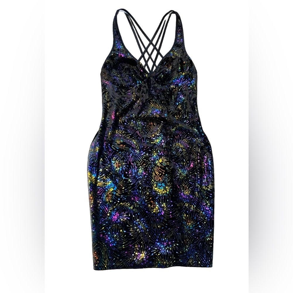 Vintage Coquette Y2K 90s Velour Strappy Mini Dress Rainbow Party Sexy Stretch Sm